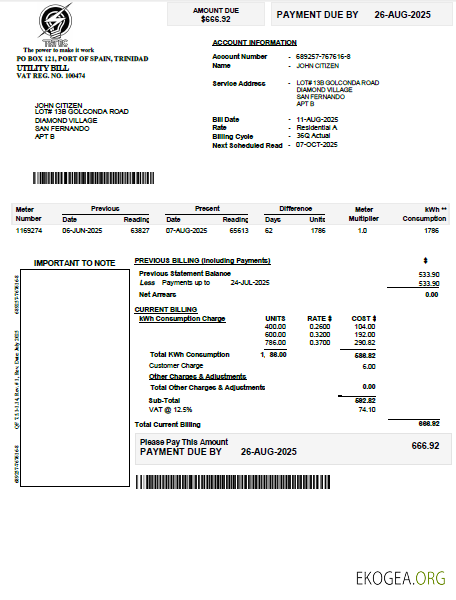 Trinidad and Tobago Electricity Commission utility bill template in Word and PDF formats